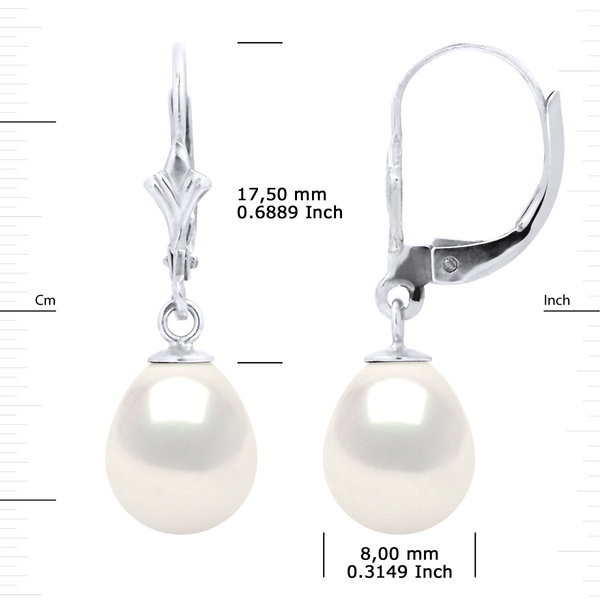 Boucles d'Oreilles Pendantes Perles d'Eau Douce 8-9 mm Blanches Or Blanc 18 Carats