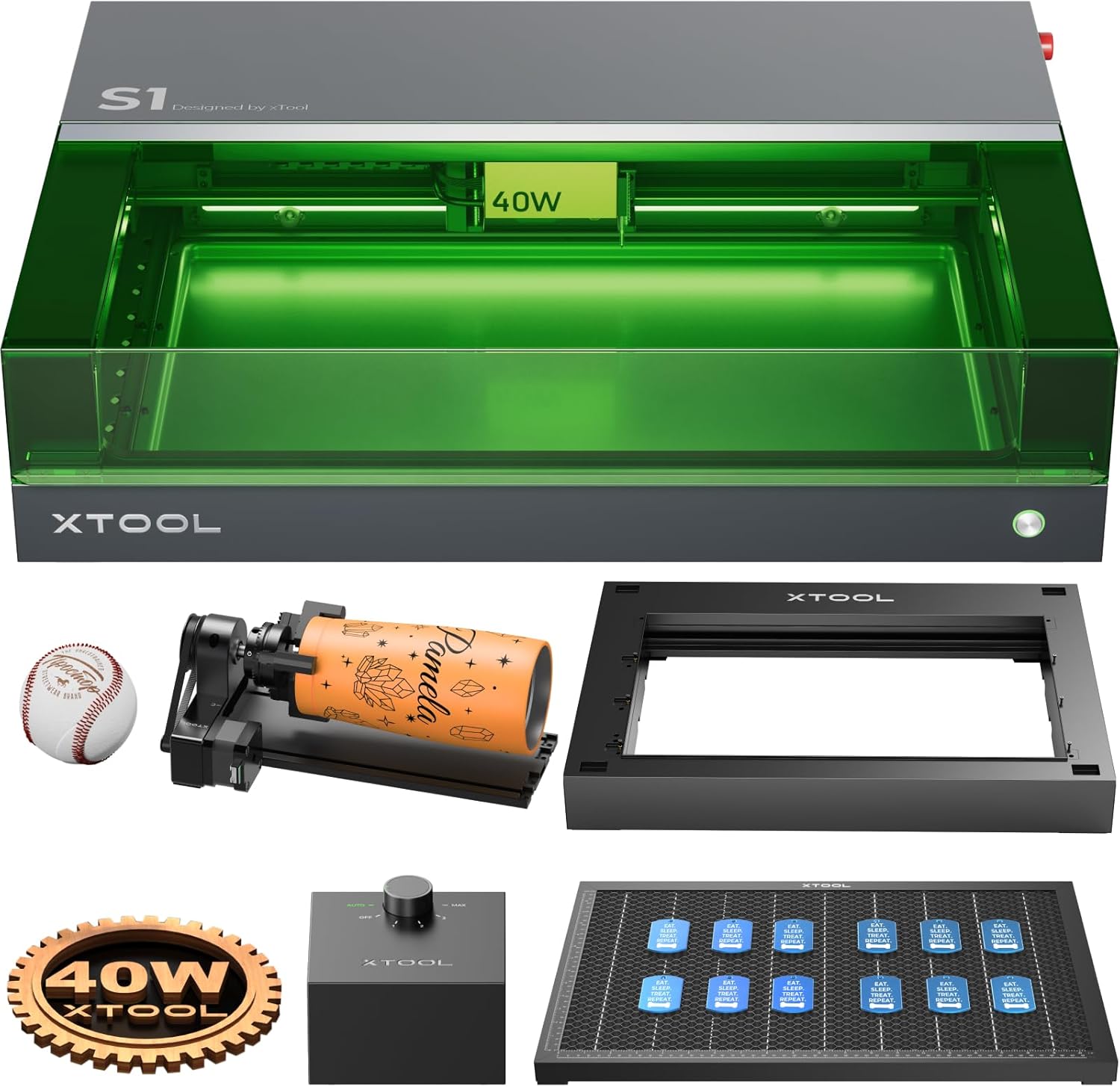 xTool S1 Laser Graviermaschine 40W Deluxe Kit, Geschlossene Sicherheit, Pin Punkt Positionierung, Autofokus, 600mm/s Geschwindigkeit, 498 * 319mm Arbeitsbereich für Metall, Holz, Leder