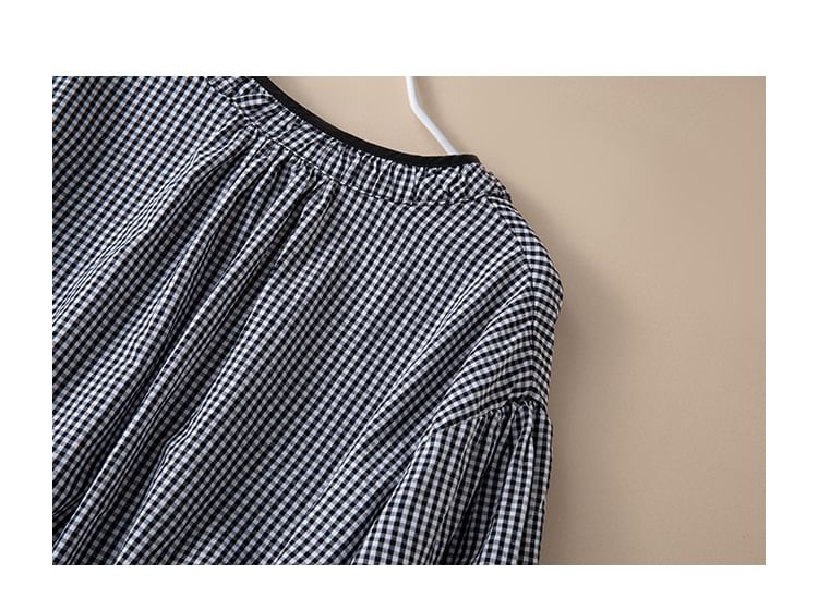 YARU - Blouse met pofmouwen, ruitmotief en knopen