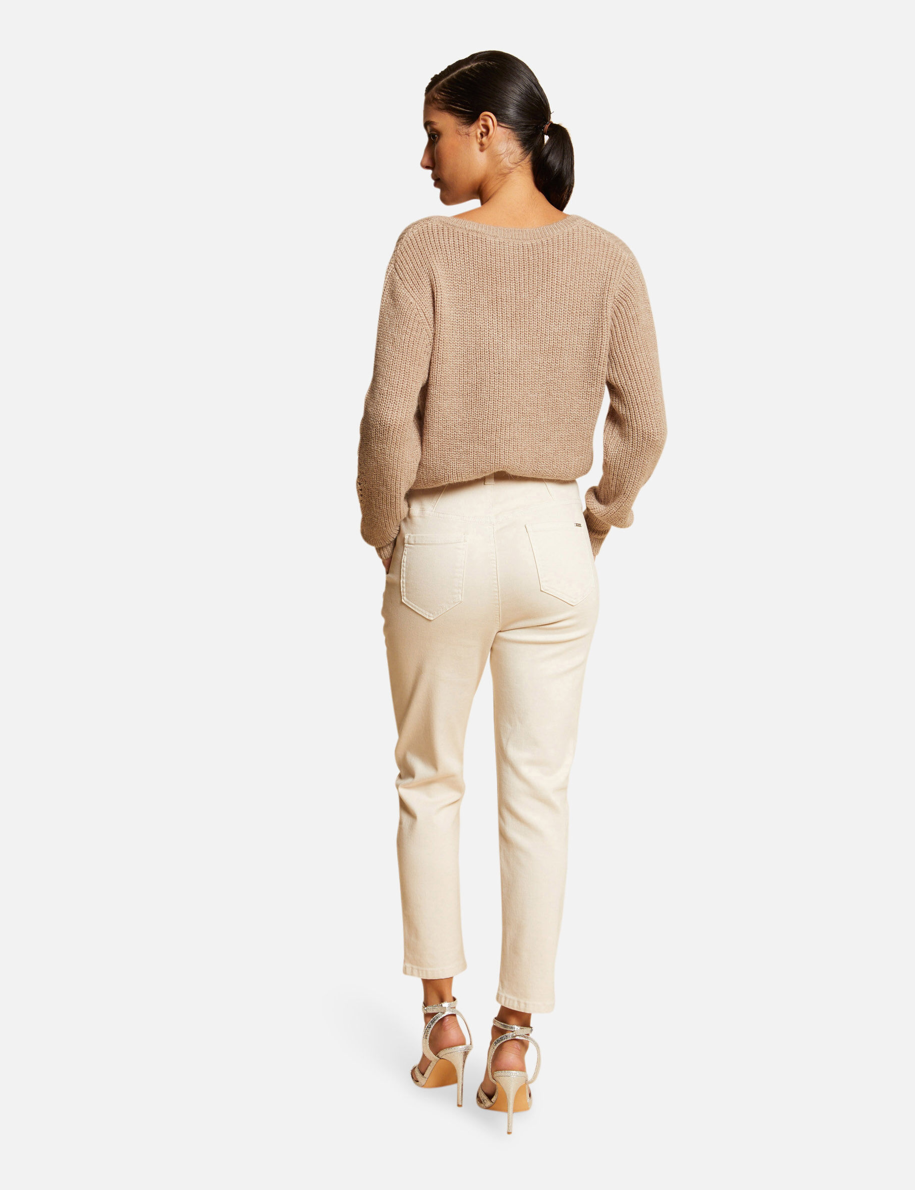 Pull manches longues à col en V taupe femme - taupe