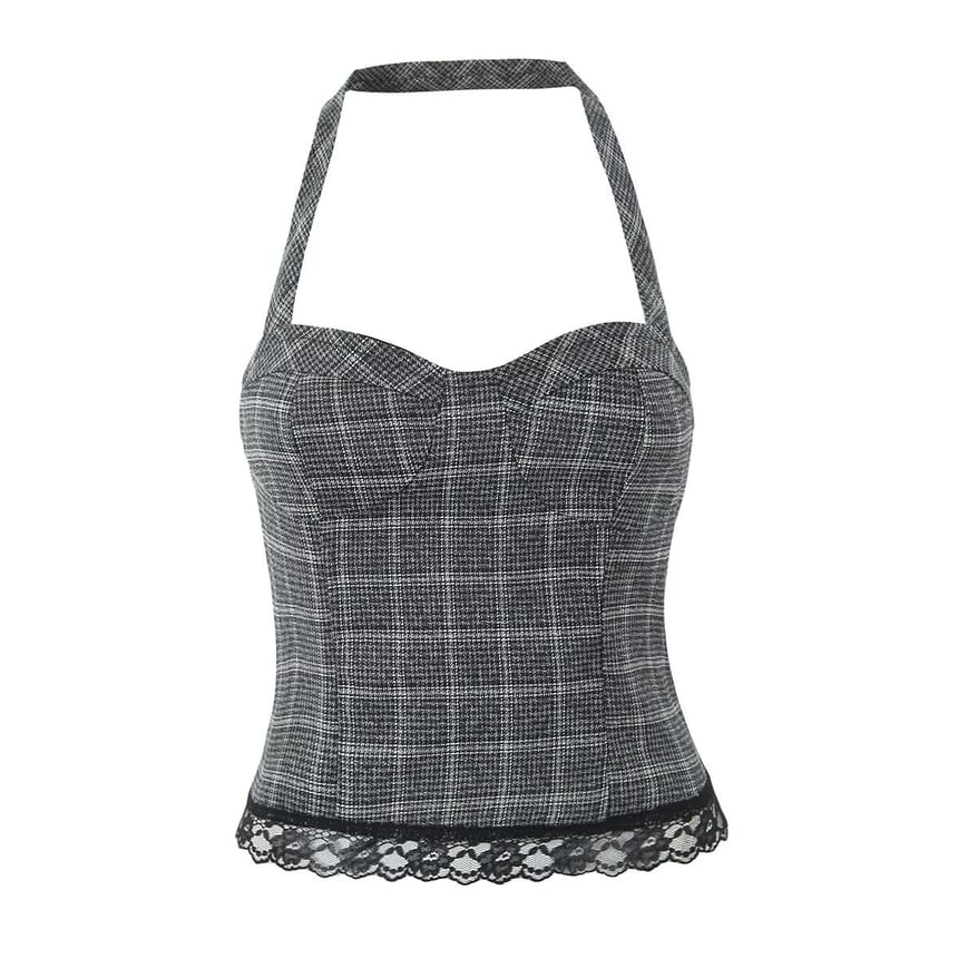 Cumulys - Halter geruite crop top met kanten rand / mini A-lijn rok met gespen
