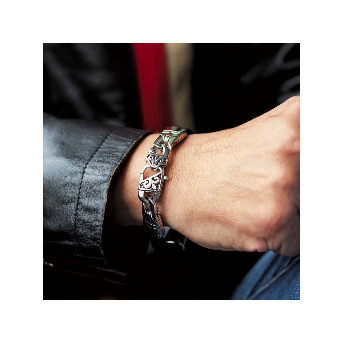 Bracelet acier cuir tressé noir 22 cm