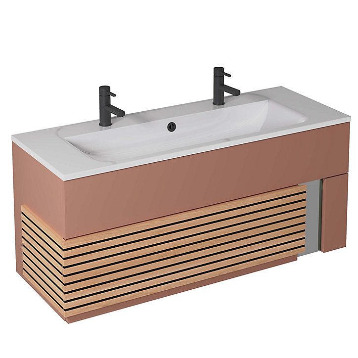 Meuble sous vasque à suspendre Archi terracotta mat 120 cm + plan vasque en Céramyl® Decotec pour 2 mitigeurs