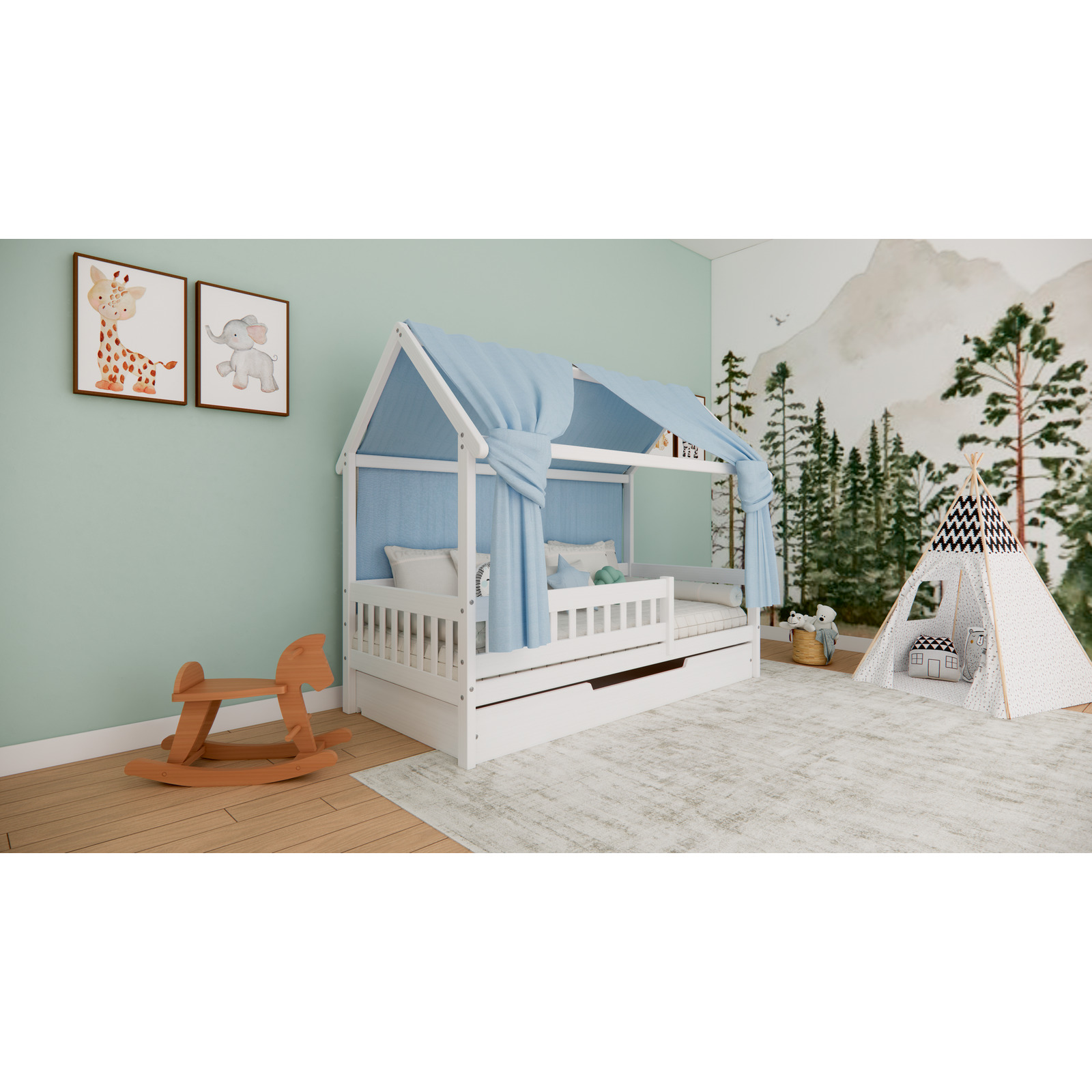 Bett Mila mit Dach Buche massiv 90 x 200 cm Buche weiss