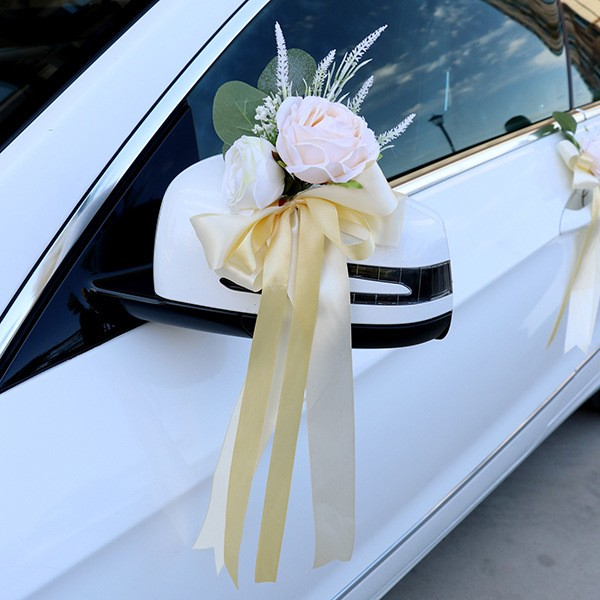 (Ø10cm) Deko Kunstblume Hochzeits Auto Rosenstrauss Dekoration mit Bändel - Beige