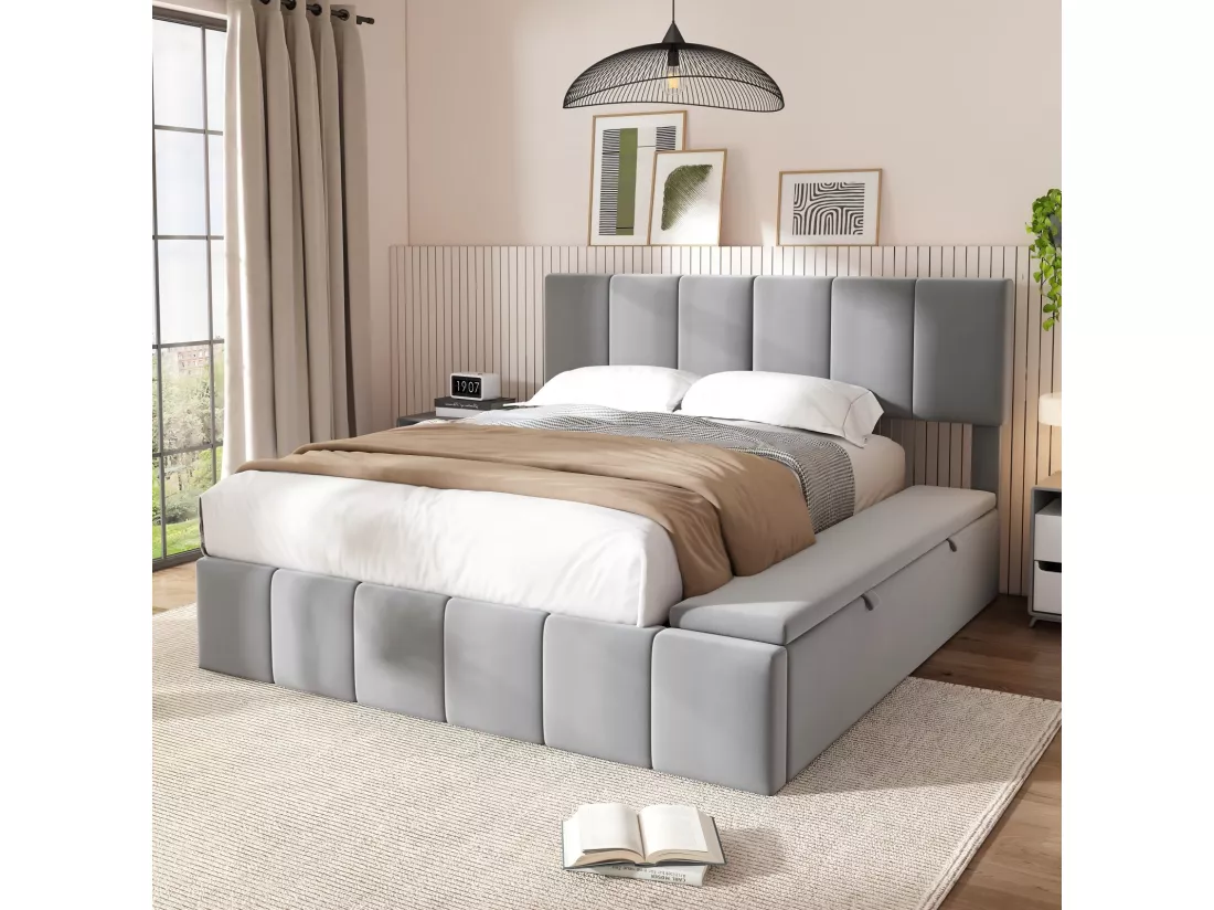 Lit coffre 160 x 200 cm avec tête de lit capitonnée - Velours Gris - cadre à lattes - lit 2 places avec banc de rangement sur le côté