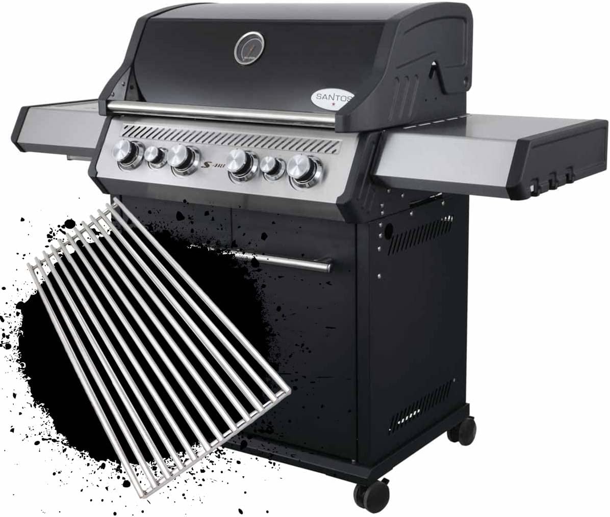SANTOS Gasgrill S-418 – Edelstahl Grillroste, 800°C Infrarot-Zone, Heckbrenner, 4-Brenner, ausziehbares Warmhalterost, Gasgrill mit Seitenbrenner & Deckelthermometer