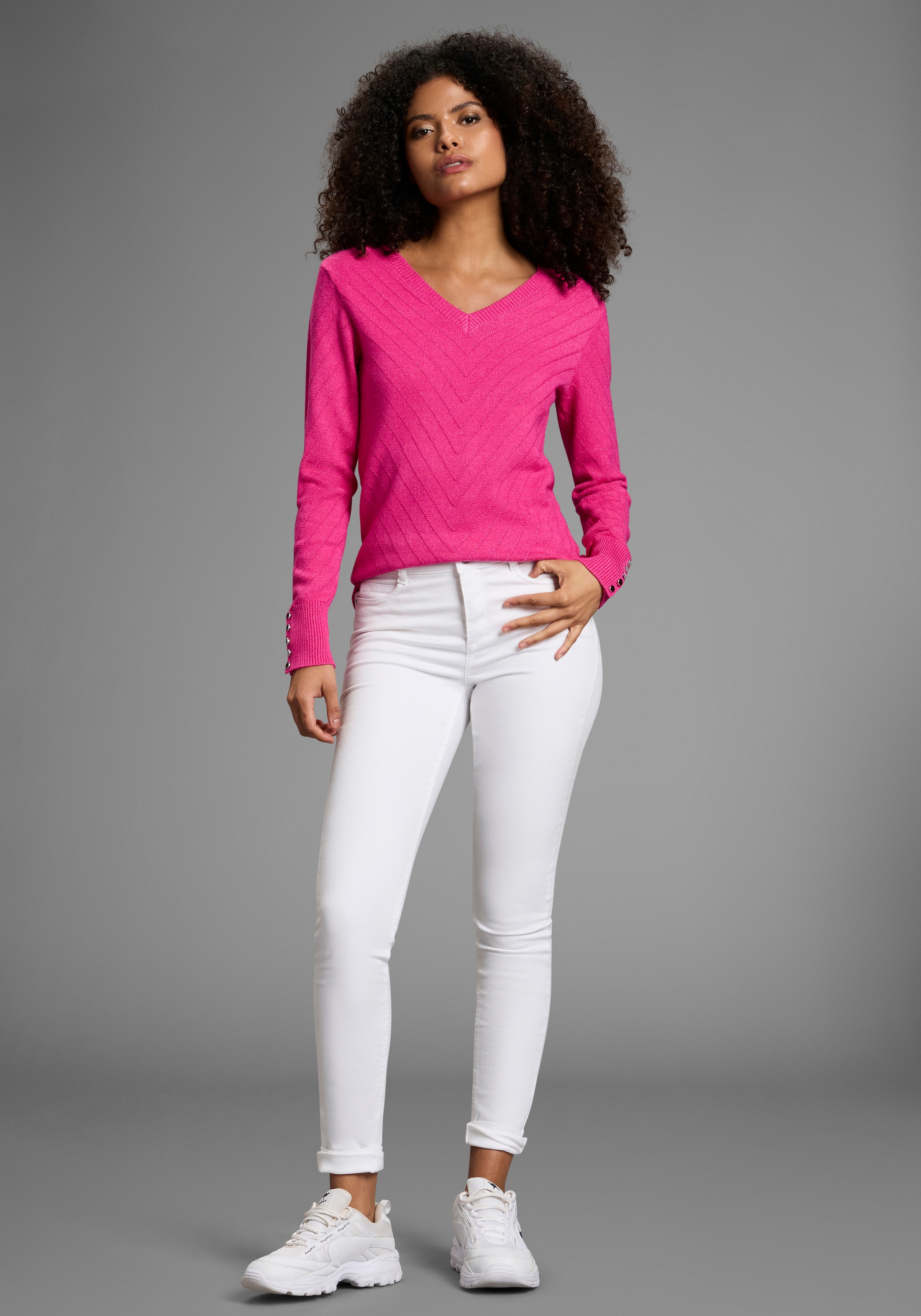 Laura Scott V-Ausschnitt-Pullover , kuscheliger Winterstrick mit Strukturstrick und Knöpfen
