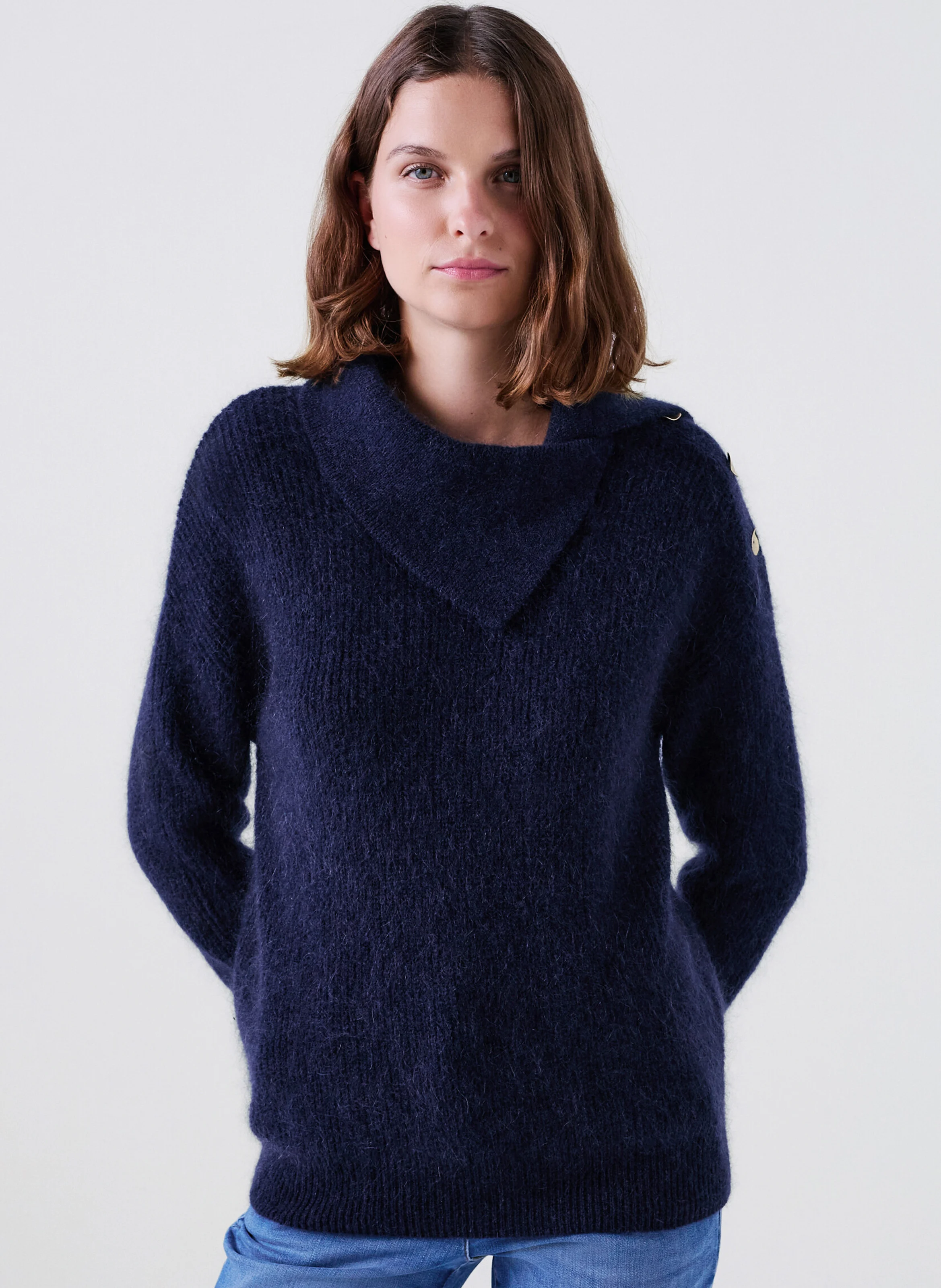MELKIOR - Pull ample col asymétrique en laine mélangée | Bleu