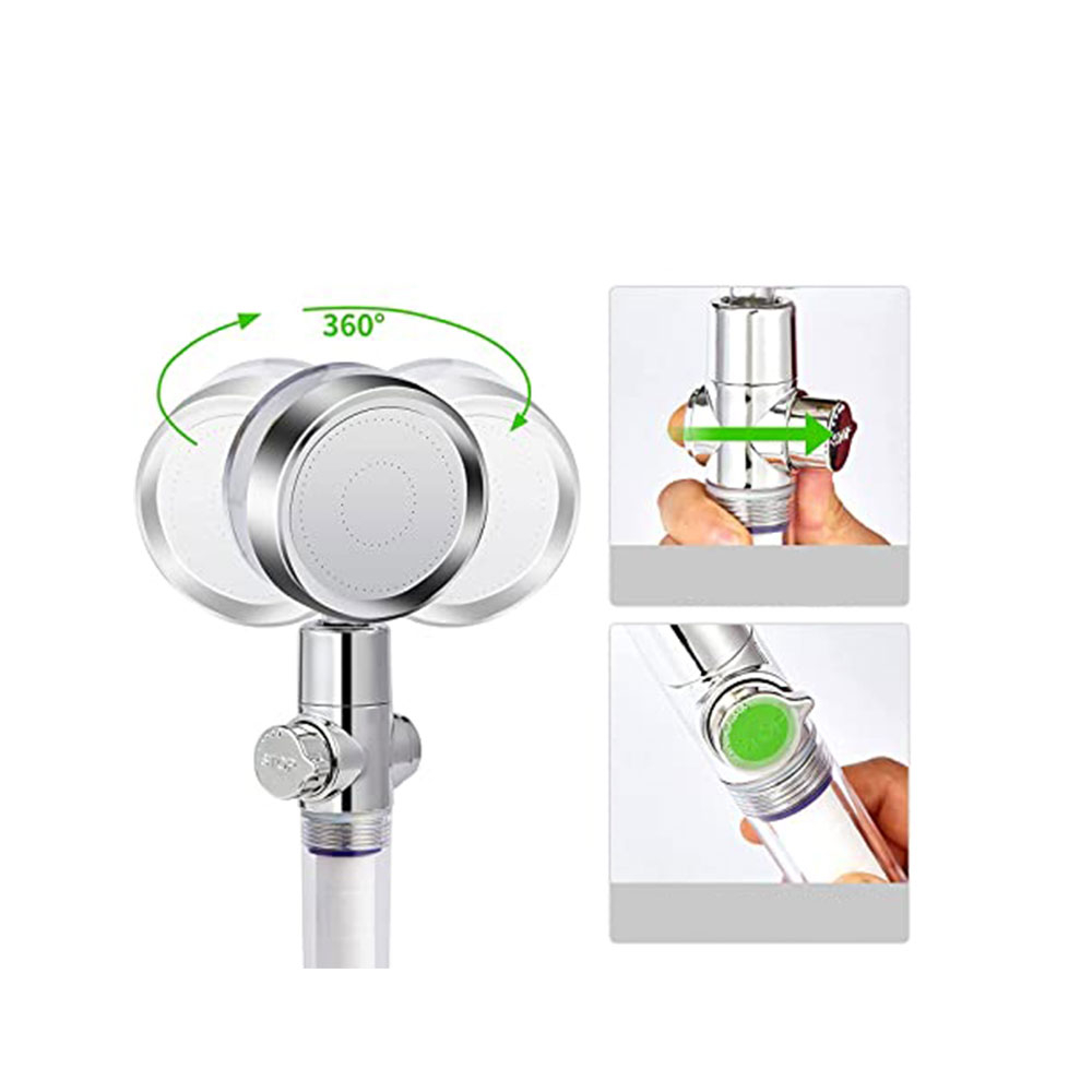 Universal Filter Duschkopf Brause Wassersparende 360° Grad Propeller Hochdruck Düse mit On/Off Knopf - Silber