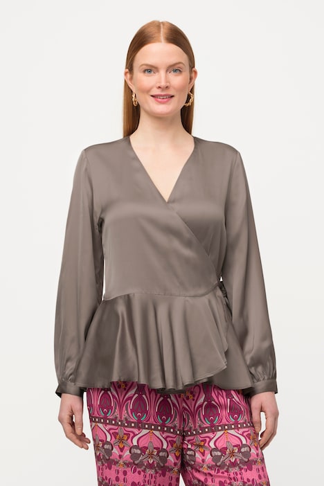 Wickelbluse, Satin, Schößchen, V-Ausschnitt, Langarm
