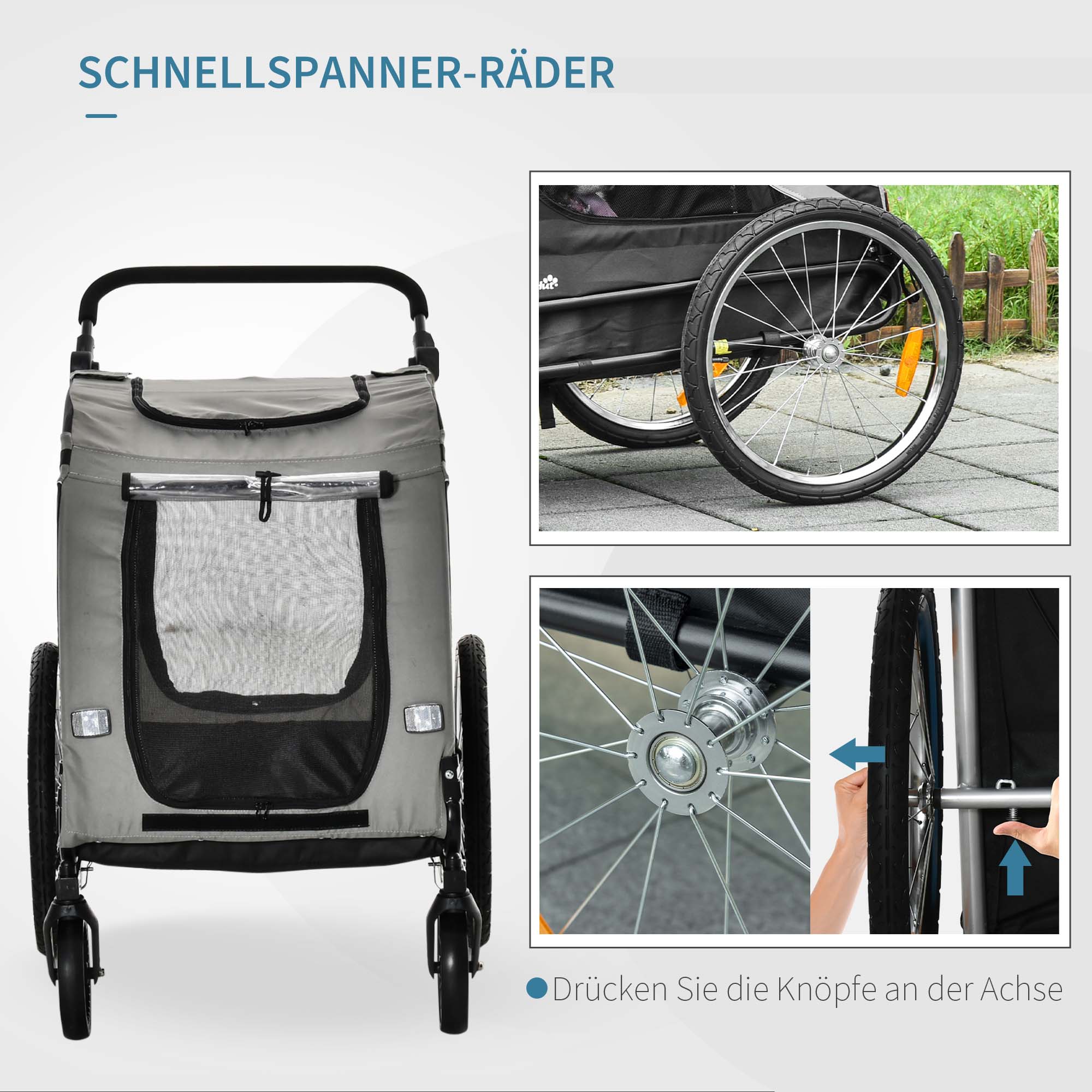 PawHut 2-in-1 Hundewagen und Anhänger mit Luftpumpe und roter Fahne grau 140L x 72,5B x 108H cm