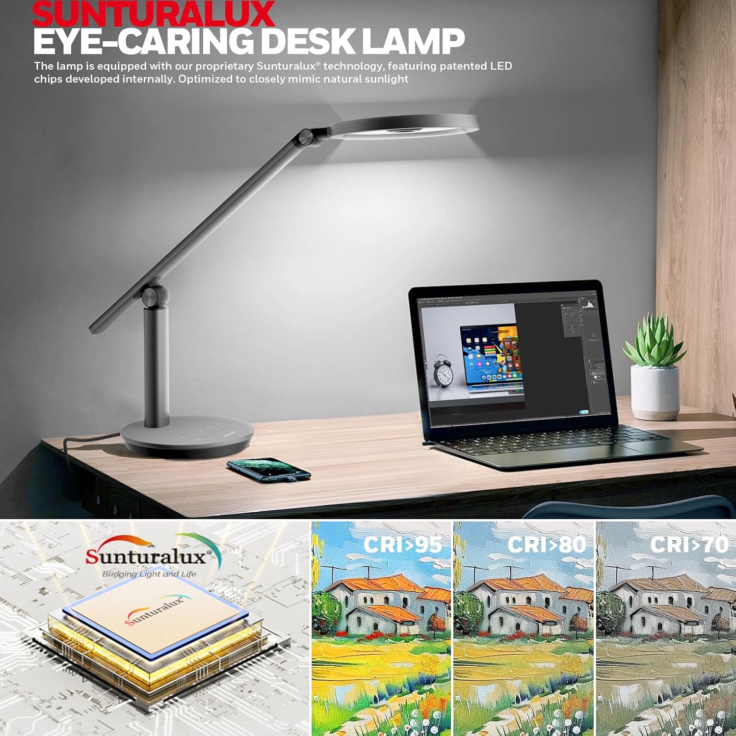 Honeywell Schreibtischlampe,H6 Sunturalux Eye-Care LED Tischlampe Dimmbar, 800LM Tischleuchte Mit Timer, Tischlampe Led mit Touch-Steuerung für Arbeitszimmer, Schlafzimmer(Grau)