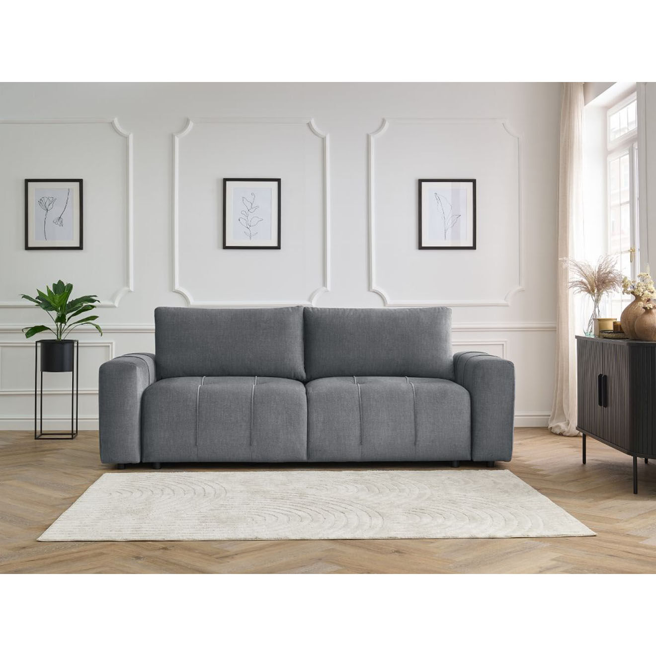 Bobochic Canapé droit convertible en Velours 3 places Arsène avec coffre gris foncé - 248x105x90 cm