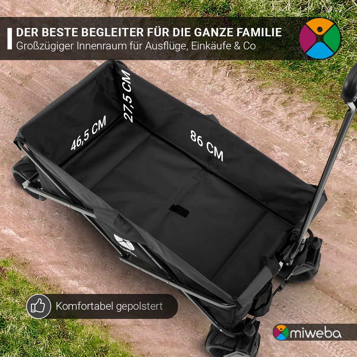 Miweba Bollerwagen MB-30, breite Reifen, faltbarer Bollerwagen mit Außentaschen, bis 120kg belastbar (Hellgrau/Dunkelgrau)
