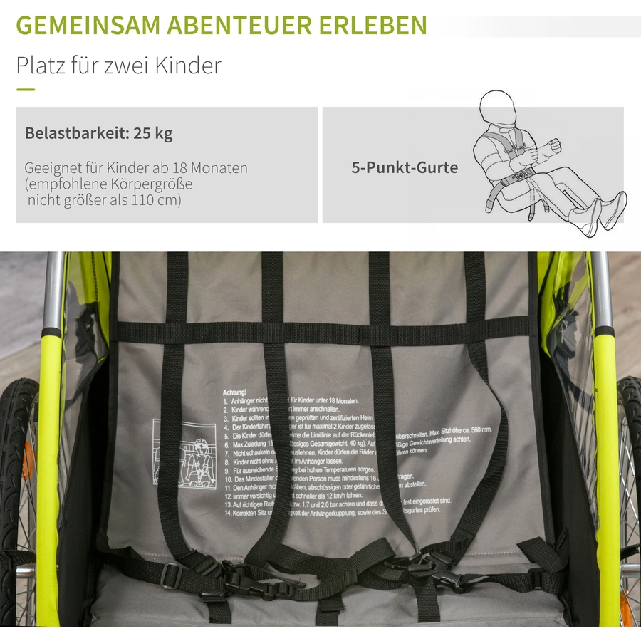 HOMCOM 2-in1 Fahrradanhänger mit Platz für 2 Kinder grünschwarz