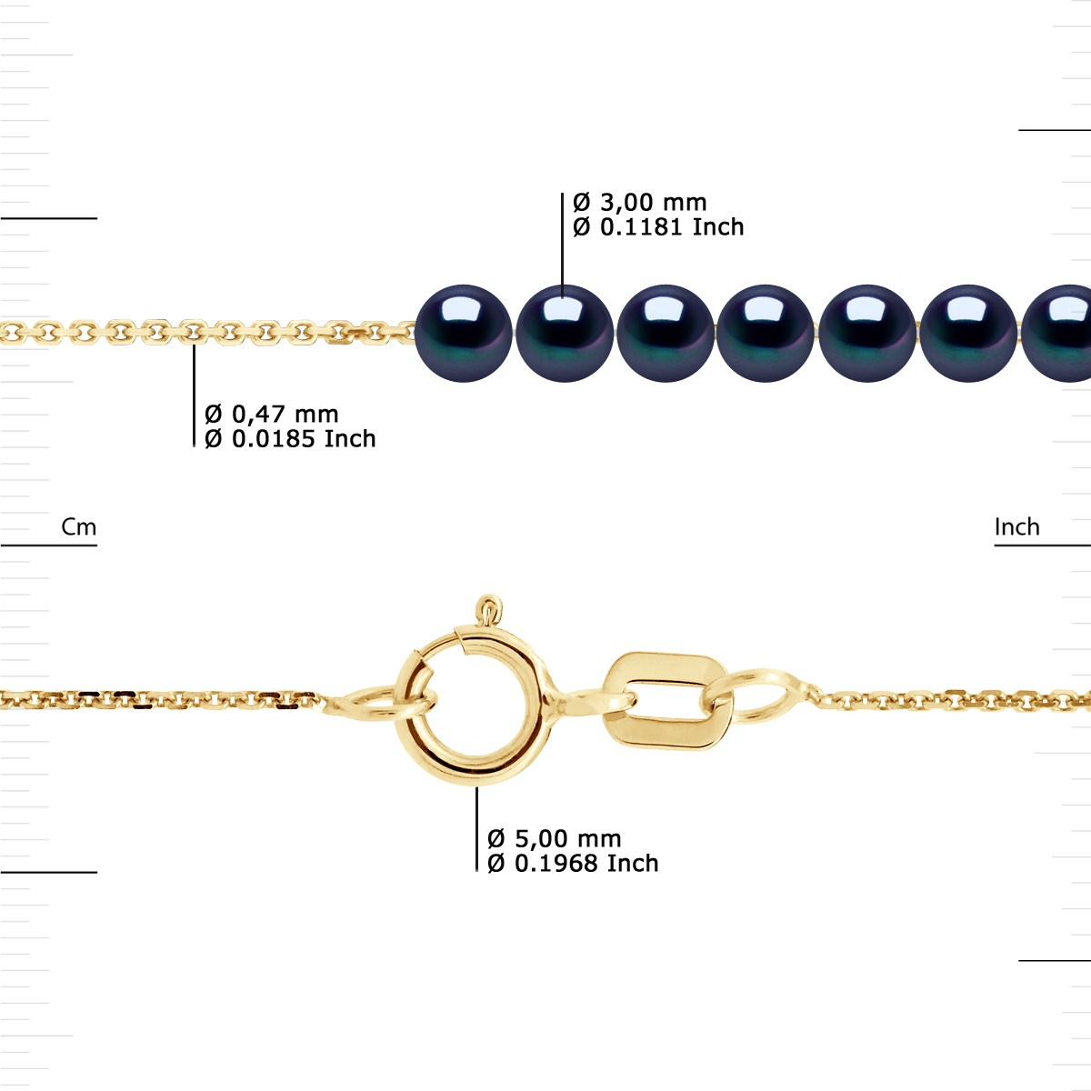 Collier Gourmette - 15 Véritables Perles de Culture d'Eau Douce Rondes 3-4 mm - Black Tahti - Or Jaune