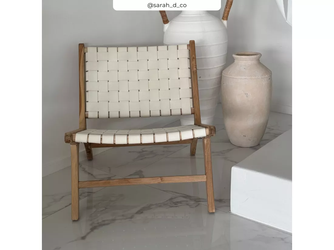 Fauteuil en teck et cuir tressé blanc - Kuna