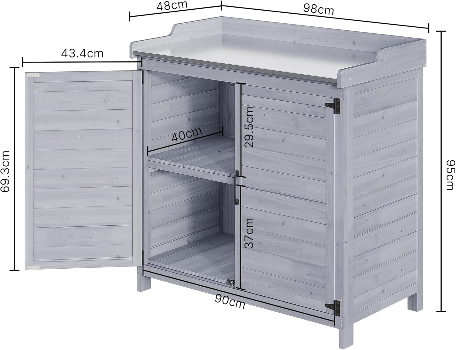 Bealife Pflanztisch mit Unterschrank, Gartenschrank mit Arbeitsplatte mit 1 Bewegbarer Einlegeboden für den Innen- und Außenbereich (Grau, 48T x 98B x 95H)