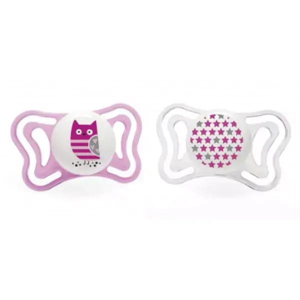 Chupeta Chicco Physio Light de Silicone com Coruja Rosa e Estrelas, Tamanho 6-16 meses, 2 unidades