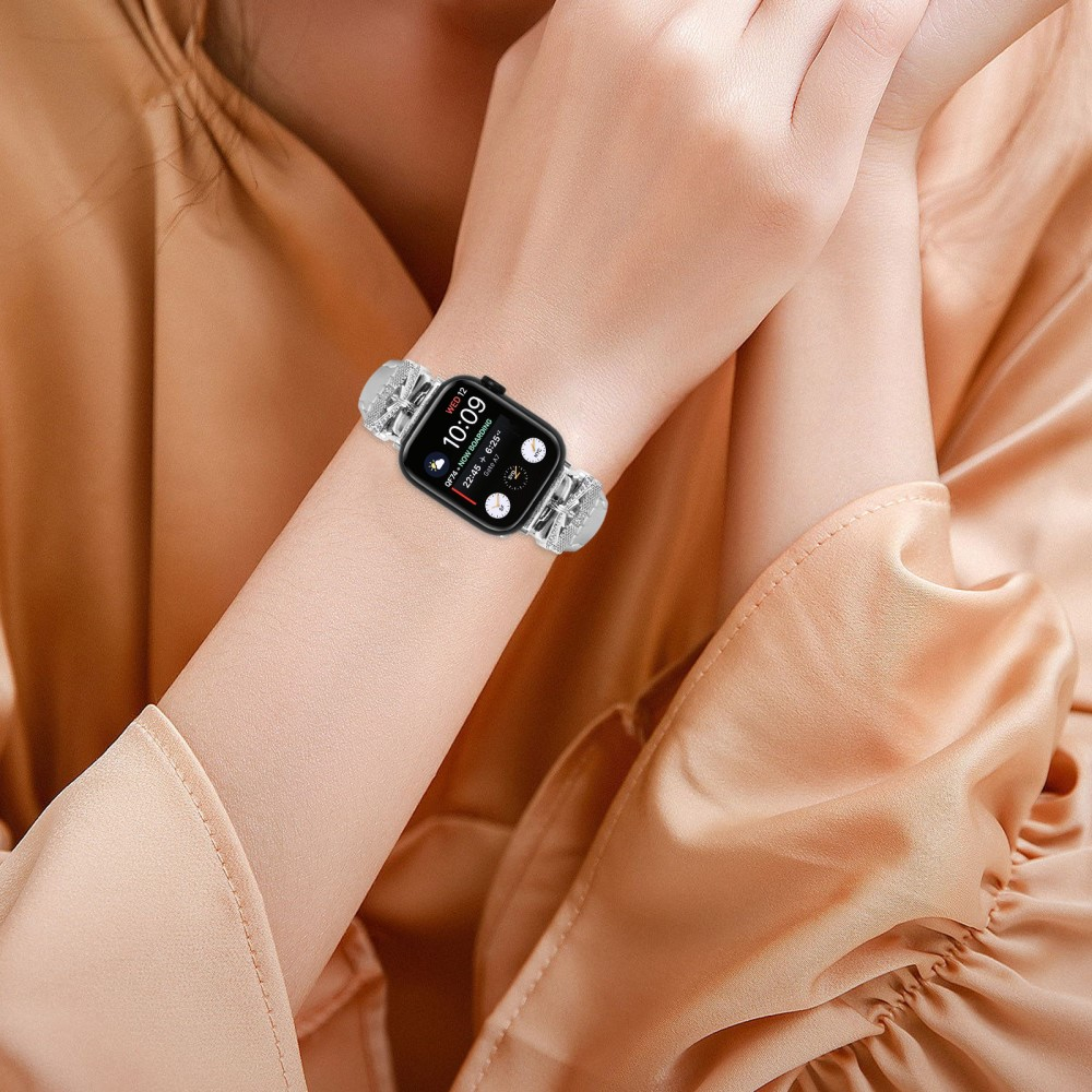 Apple Watch (42/41/40/38 mm) Leder Armband im Slim Design mit silberner Glitzerstein-Schnalle (Gelenkumfang: 175-220mm) - Grau