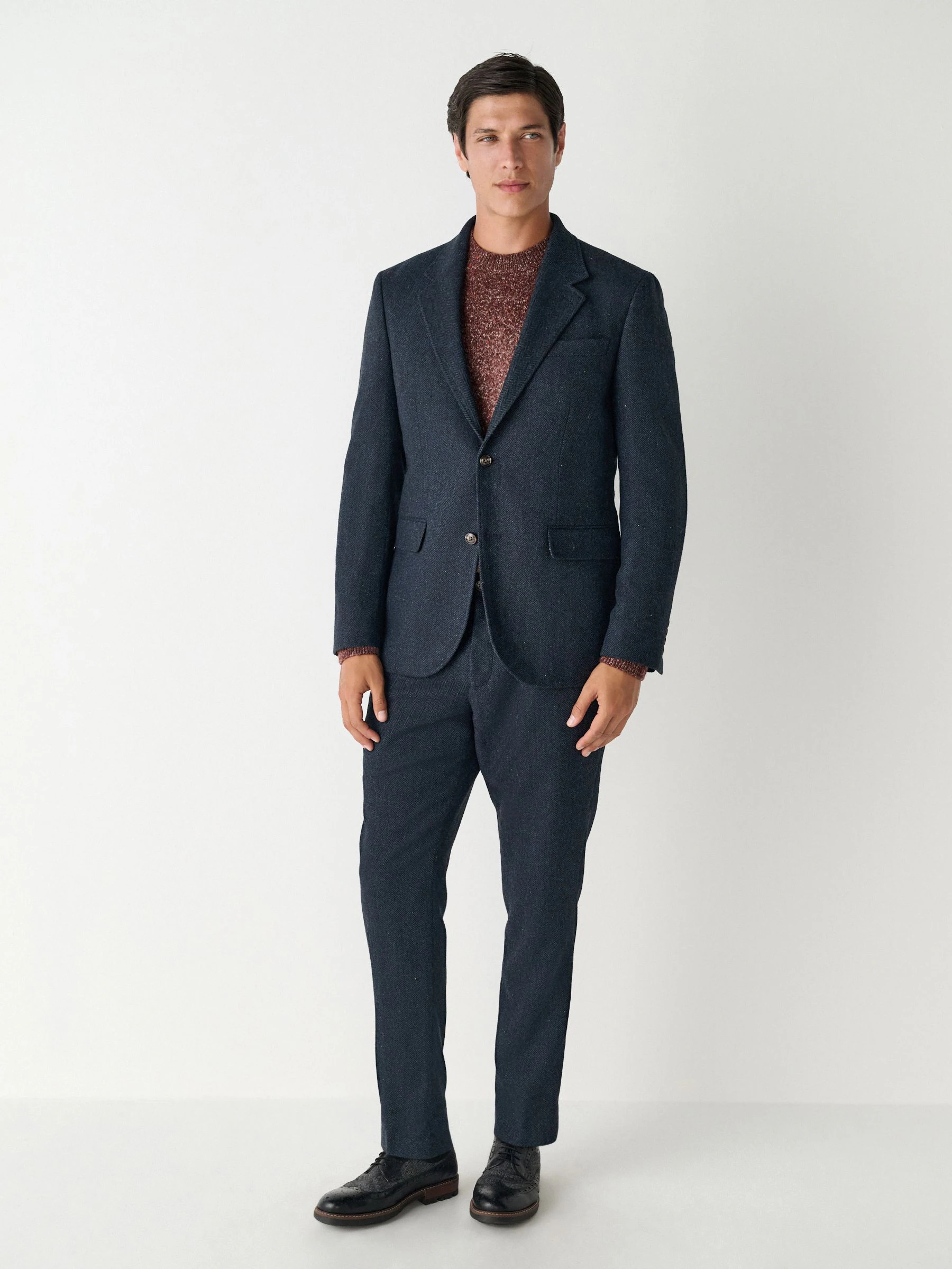 Donkerblauw - Slim Fit Herringbone Wool Blend Suit Jacket