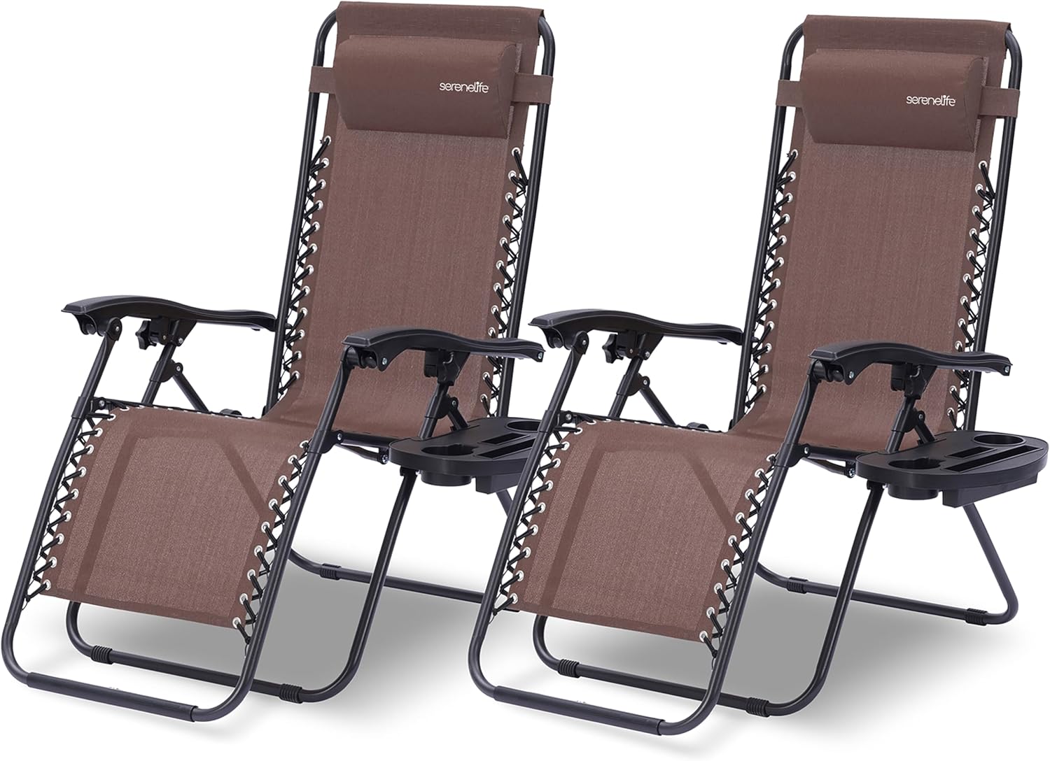 SereneLife Sonnenliege 2er Set Braun – Klappbare Relaxliegen mit Zero Gravity, wetterfest & faltbar, ideal für Garten, Balkon & Camping