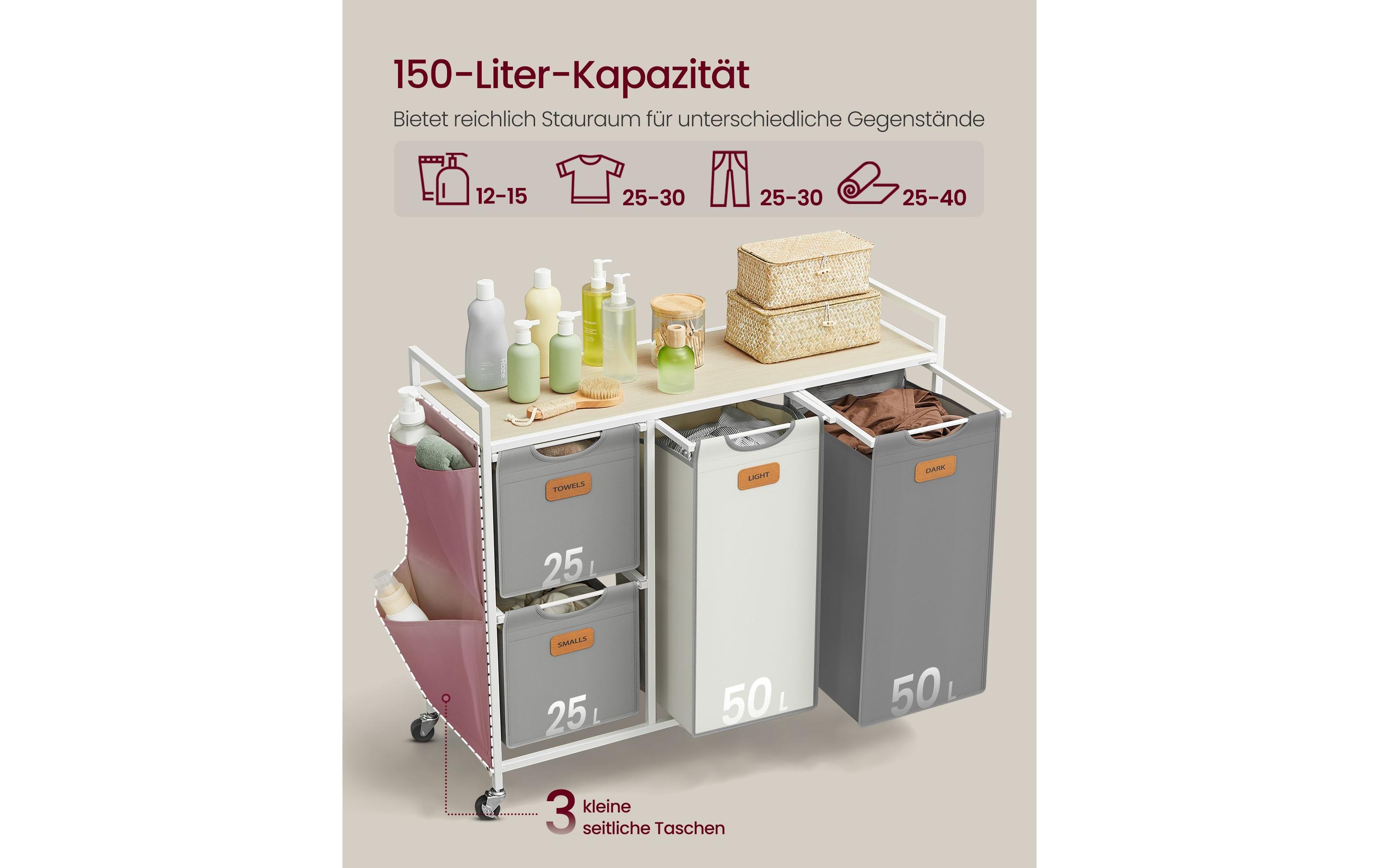 Wäschekorb mit 4 Körben 150 l, Beige/Taubengrau/WeissWäschesammler