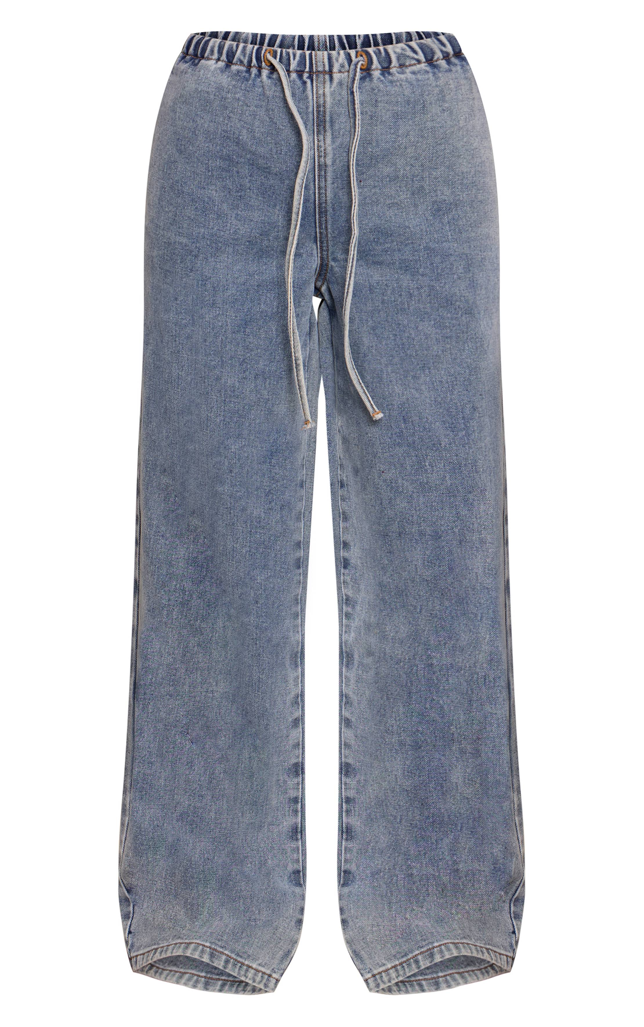 Bleu Clair Jean Large Taille Haute Élastiquée Avec Lien En Denim Petite