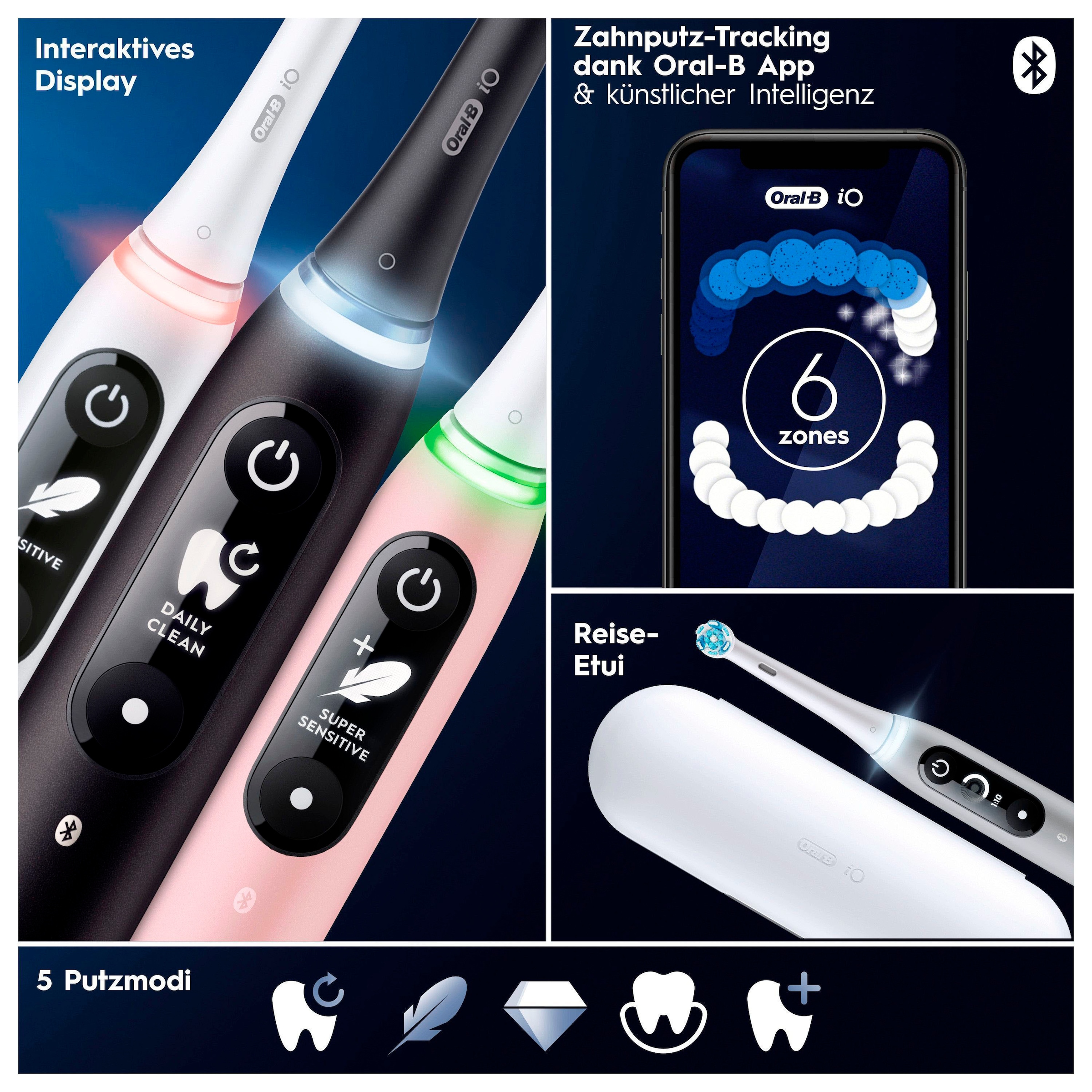 Oral-B Elektrische Zahnbürste »iO 6« 2 Stk. Aufsteckbürsten mit Magnet-Technologie, Display, 5 Putzmodi, Reiseetui