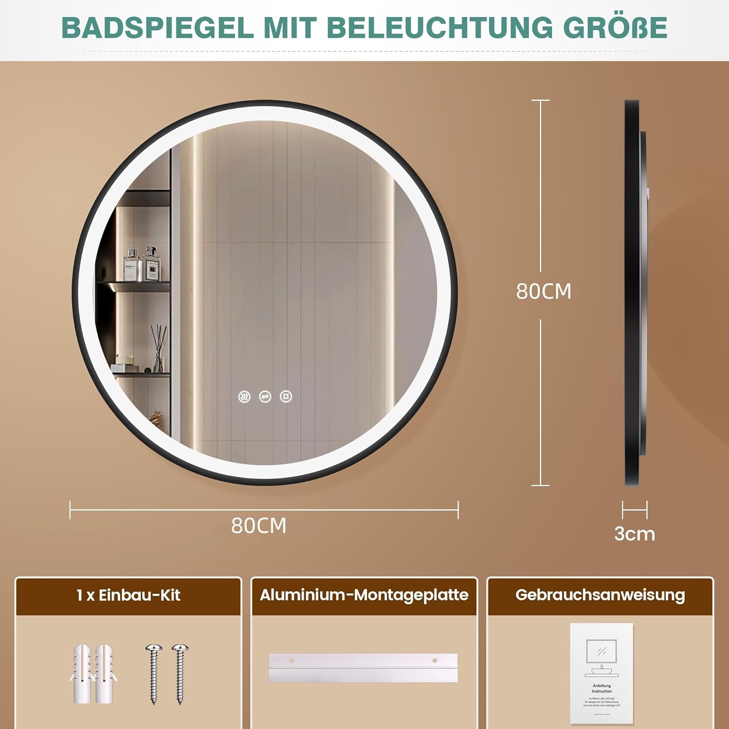 80cm Badezimmerspiegel mit Beleuchtung – Spiegel Schwarzer Rahmen, Antibeschlag, Dimmbar, 3 Lichtfarben, LED Badspiegel mit Touch-Schalter, Speicherfunktion & Energiesparend, Schwarz