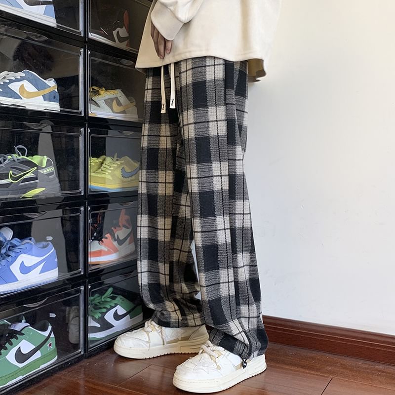 Obikan - Geruite rechte broek met trekkoordtaille