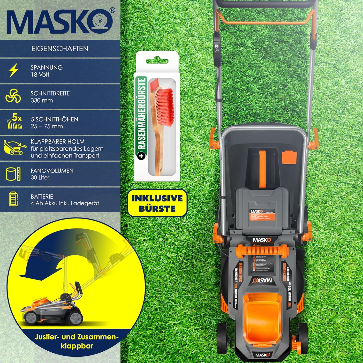 MASKO® Akku Rasenmäher mit Mulchfunktion, Akku Li-Ion Batterie 4Ah & Ladegerät Rasentrimmer 33cm Schnitt-Breite 5X Höhenverstellbar 30L Fangkorb Flächen bis 150m² inkl. Handschuhe & Bürste