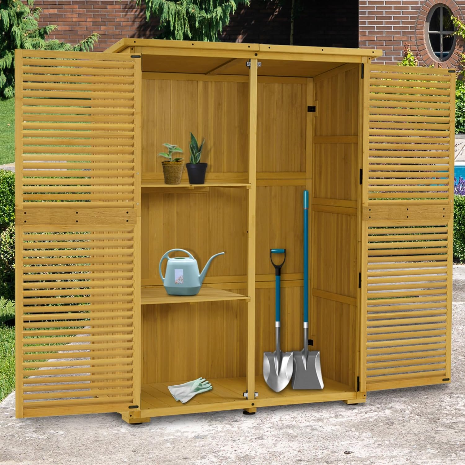 M MCombo Gartenschrank Holz, Gartenhaus Klein Wetterfest, Outdoor Gerätehaus Geräteschuppen, für Außenbereich Balkon Terrasse, 59×127×168 cm, 0901D-F (Natur)