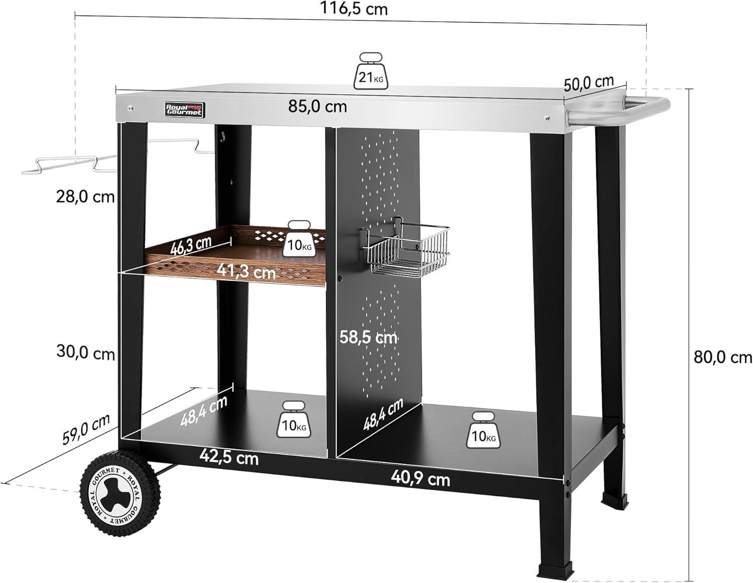 Royal Gourmet Grilltisch mit 85x50 cm Edelstahlplatte 3-Etage Grillwagen für Tischgrill und Pizzaöfen, Rollwagen mit Griffen, Müllbeutelhalter & Aufbewahrungsregalen, Einfaches Reinigen & Bewegbar