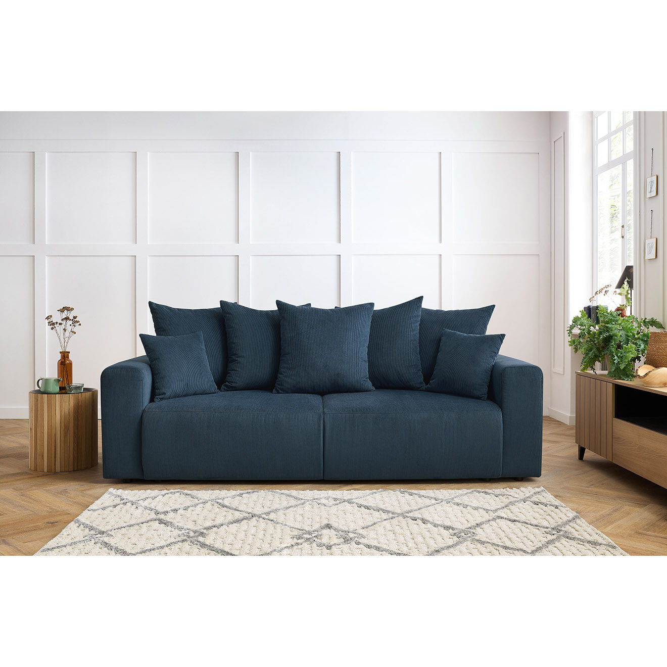 Bobochic Canapé droit fixe 3 places envy velours côtelé bleu foncé - 240x100x95 cm
