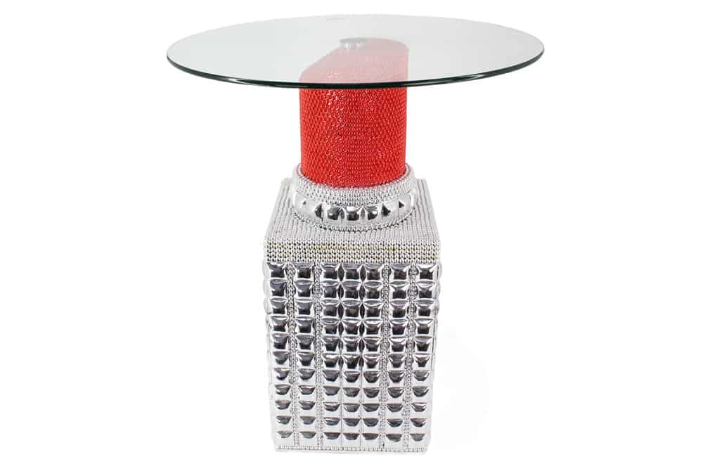 Handgefertigter Bistrotisch LIPSTICK 75cm rot silber runde Tischplatte Glas