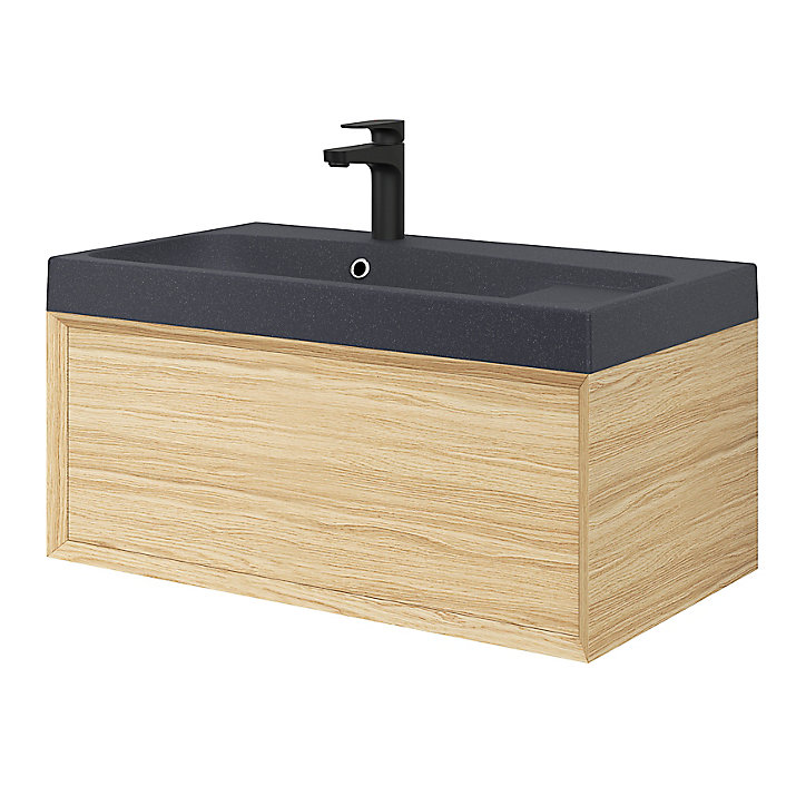 Meuble sous vasque 1 tiroir à suspendre GoodHome Avela placage chêne 80 cm + Plan vasque en résine noir Mila
