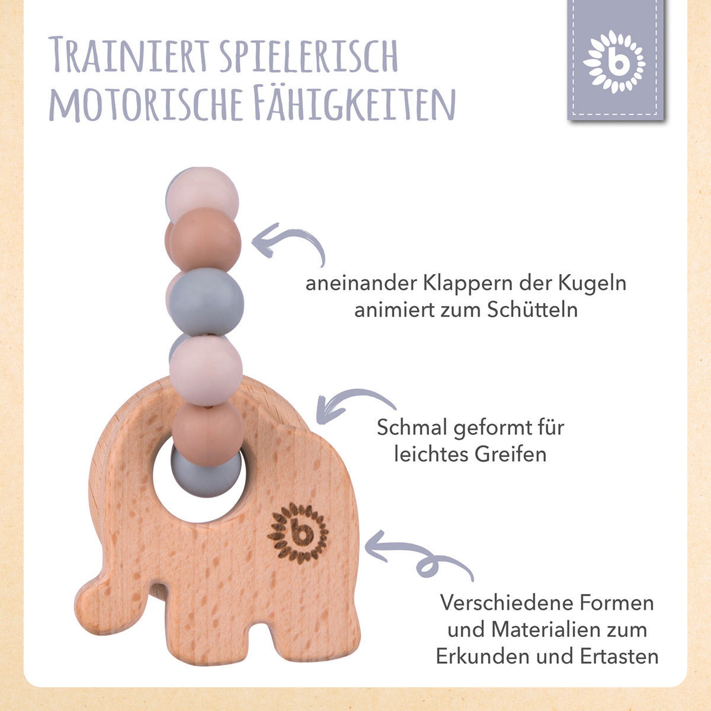 Bieco Greifling Holz Natur mit Silikon Elefant - ab Geburt Beige