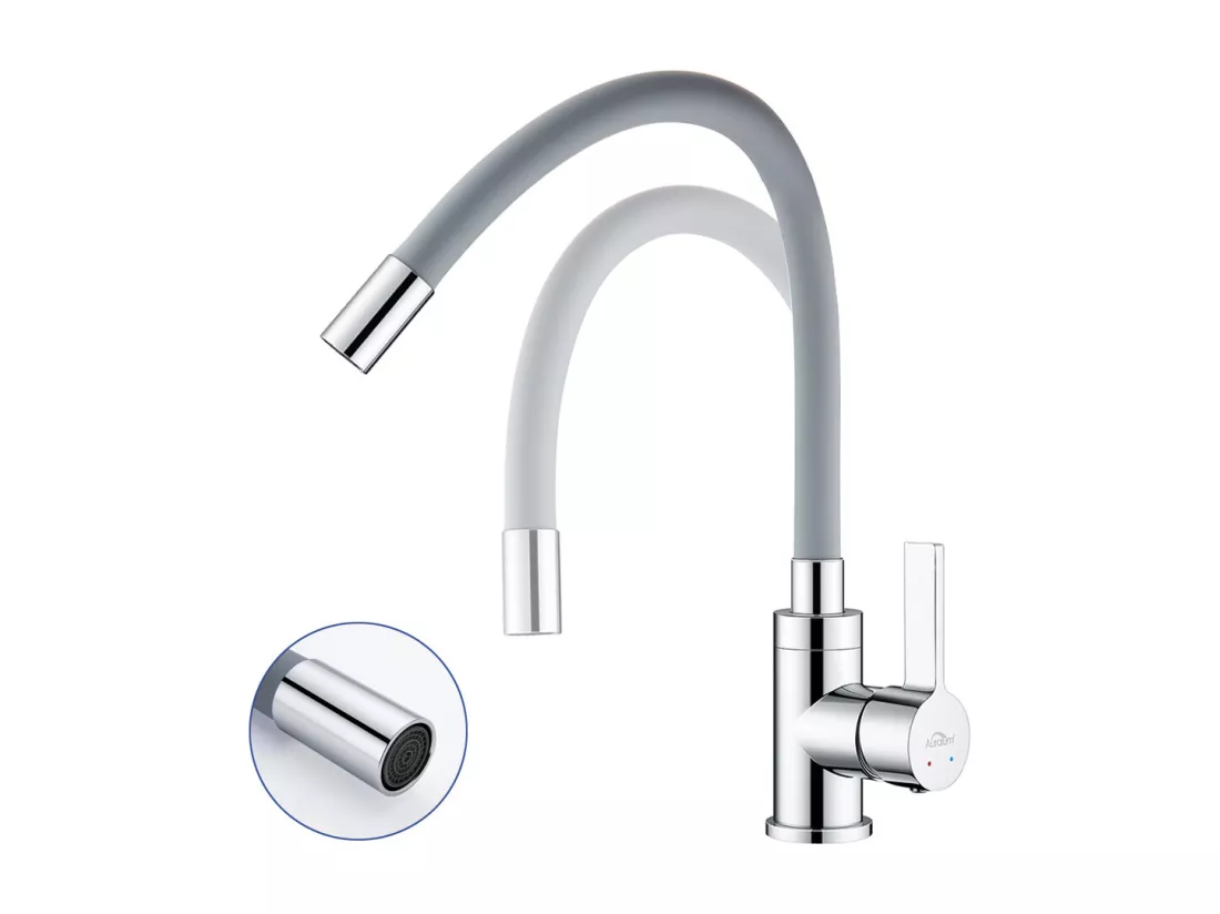 Mitigeur de Cuisine Flexible, Robinet Cuisine Pivotant à 360°, avec Tuyau en Silicone Flexible, Robinet Evier Eau à Chaude et Froide (Gris)