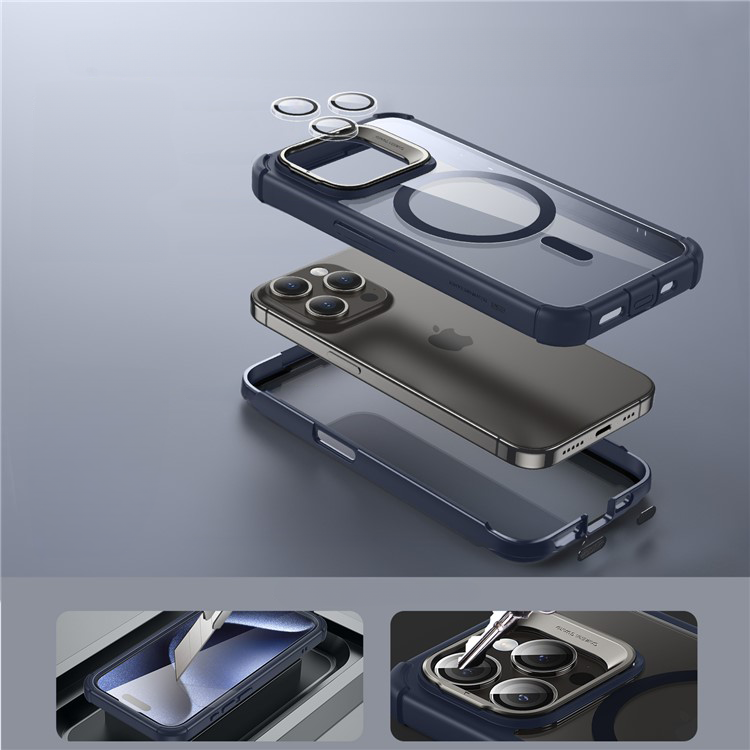 iPhone 15 Pro Max Magnetic Series Full Protective MagSafe Hülle mit Displayschutz   Kickstand - Dunkelblau / Transparent