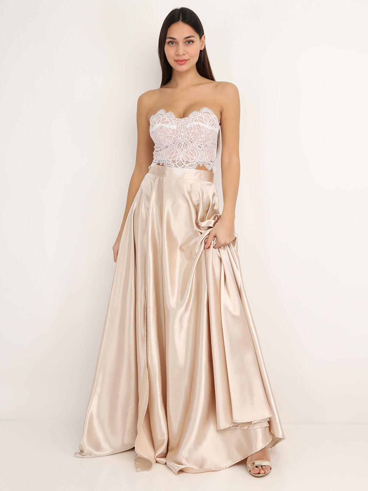 Jupe longue taille haute effet satiné- Beige