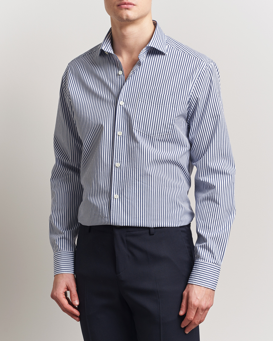 Oscar Jacobson Wide Spread Washed Stripe Shirt White/Blue