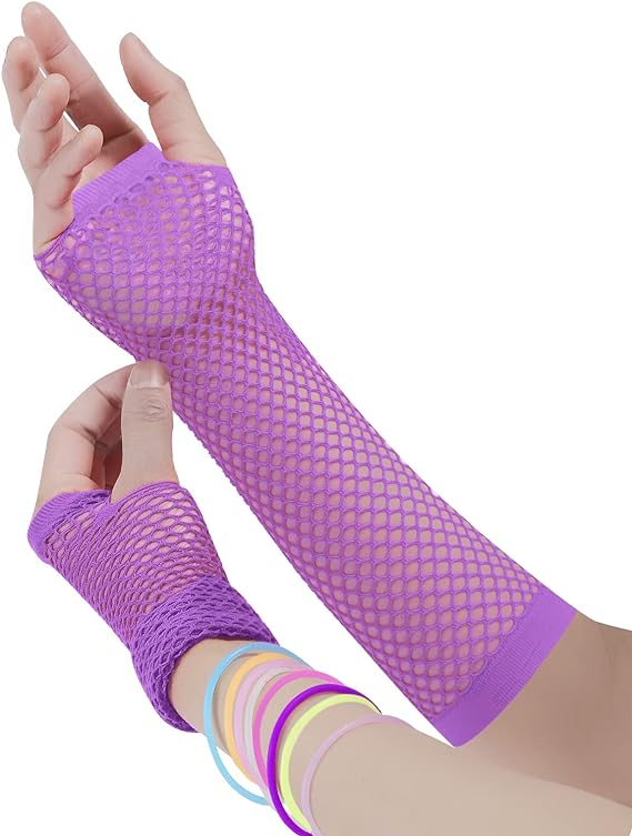 (19-tlg. Set) Fasnachts Erwachsenen Kostüm 80er Jahre Neon Verkleidung für Motto Partys inkl. Netzhandschuhe / Tüllrock / Stulpen / Brille - Lila