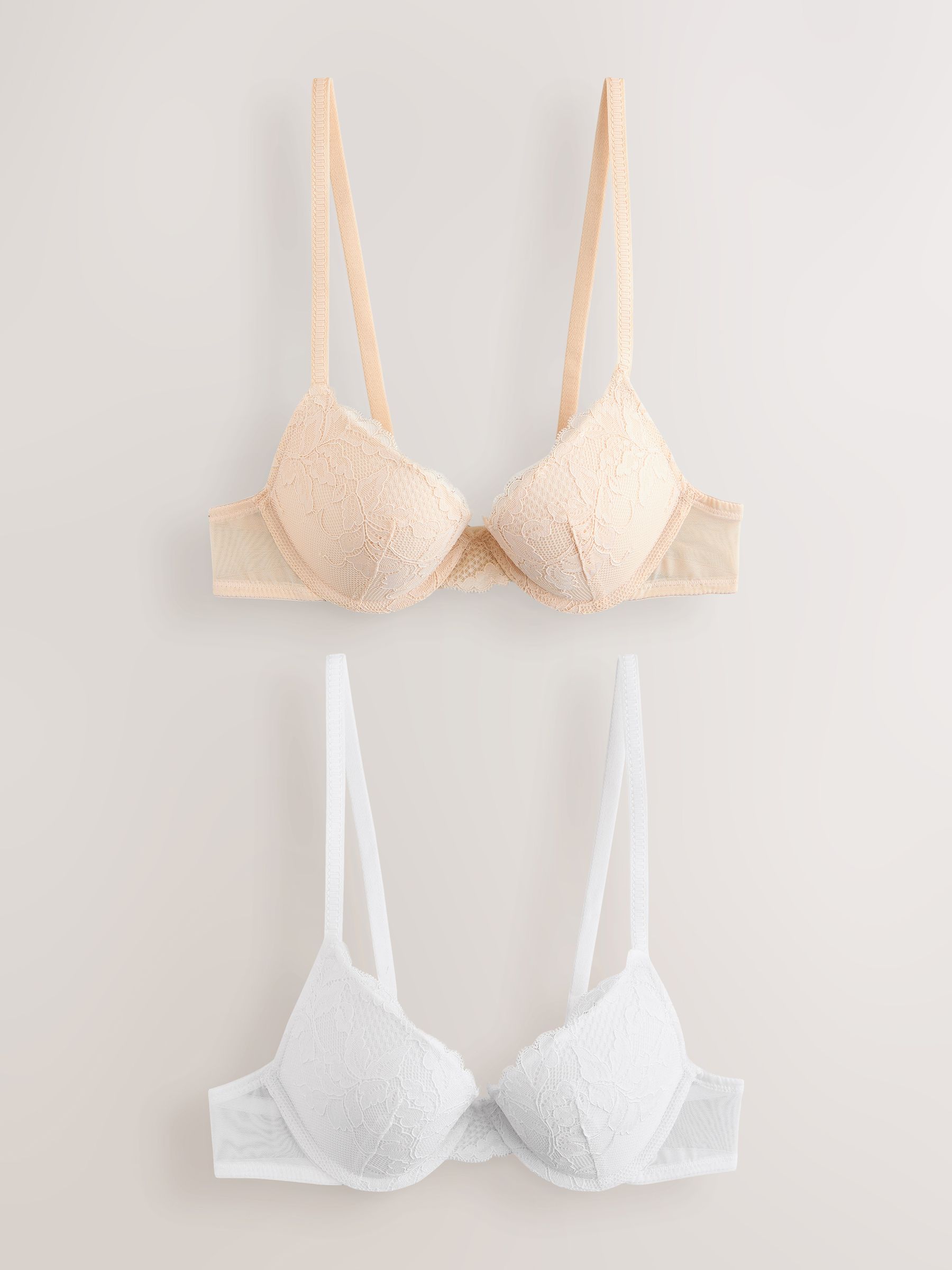 Praline huidskleur & wit - Set van 2 push-up beha's met lage decolleté en kant