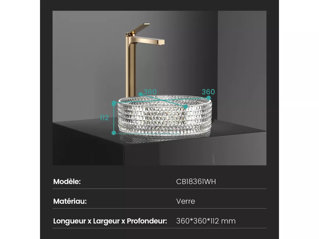 EMKE Vasque à Poser Ronde, 360 x 360 x 112 mm, Lavabo en Verre Transparent, Design Montage sur Comptoir