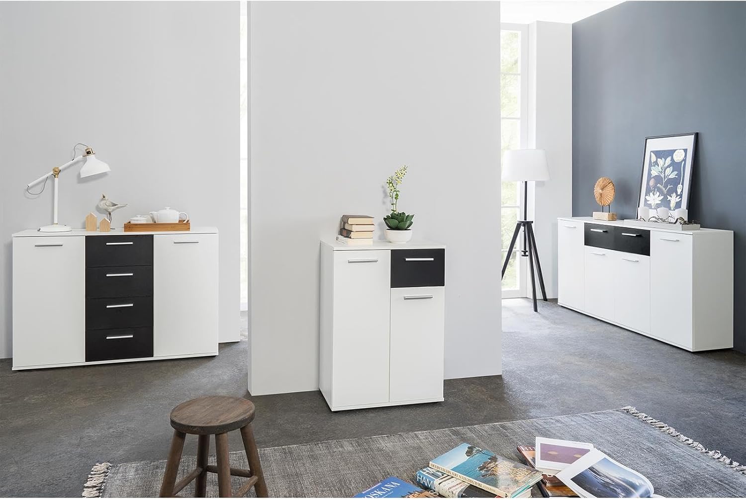 möbelando Sideboard Beistellschrank Anrichte Standschrank Kommode Highboard Jacklin II Weiß/Schwarz