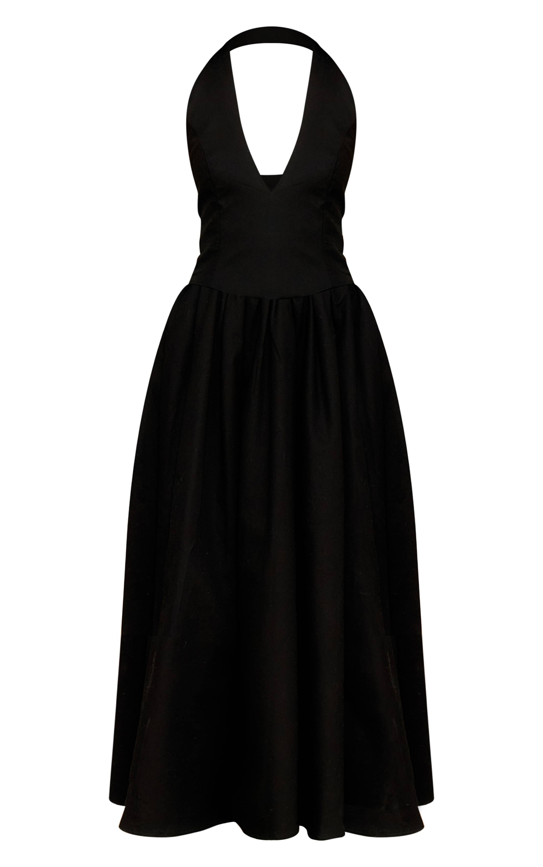 Noir Robe Midaxi À Pois Froncée Avec Col Licou Et Détail Noué