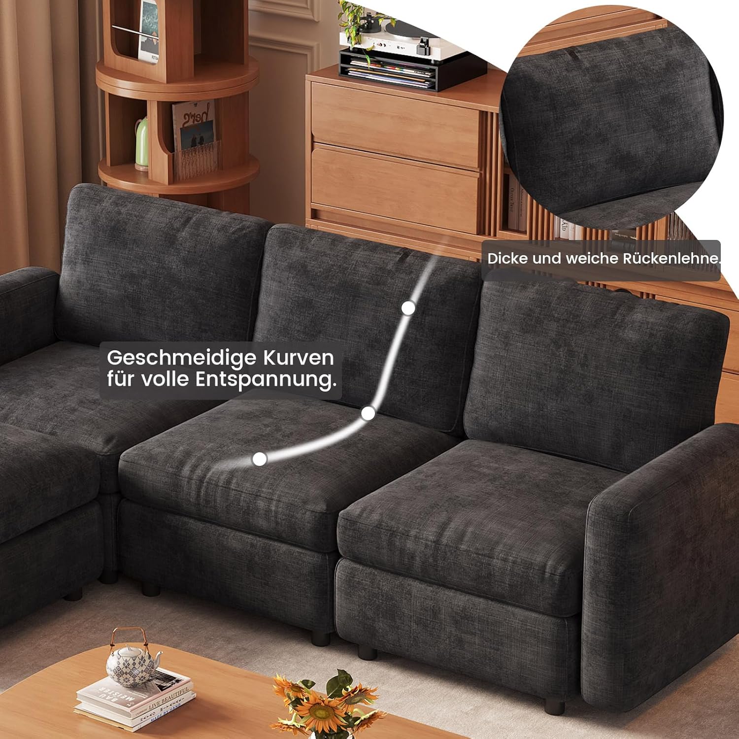 Guyii Modulares Samtsofa mit Stauraumhocker, kombinierbare Couch mit beweglichem Fußhocker, weiches Polstersofa für Wohnzimmer, Verschiedene Module und Sitzplätze (5-Sitzer (3-Sitzer + 2 Hocker))