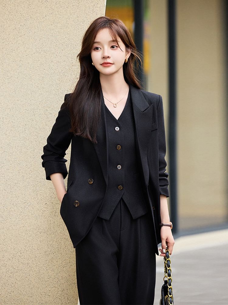Skyheart - Peak Lapel Plain Double-Breasted Blazer / V-hals Single-Breasted Vest / Hoge Taille Loose Fit Pak Broek / Set